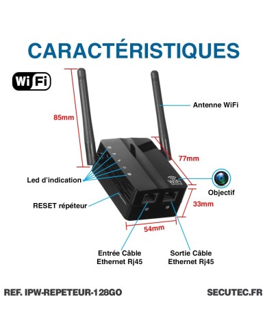 Répéteur WiFi caméra cachée IP WiFi détection de mouvement écoute à distance carte mémoire 128Go