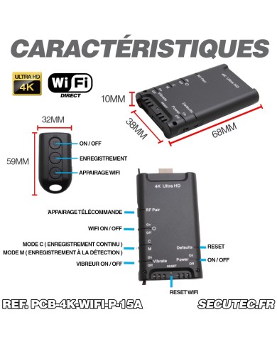 Micro caméra UHD 4K WiFi à intégrer enregistrement continu et détection de mouvement avec télécommande 128Go