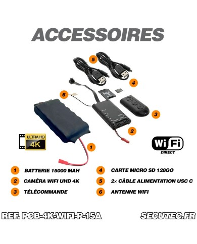 Micro caméra UHD 4K WiFi à intégrer enregistrement continu et détection de mouvement avec télécommande 128Go