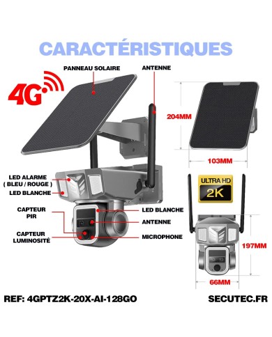 Double caméra pilotable solaire 4G UHD 2K waterproof Zoom X20 autotracking IR détection de mouvement microSD 128 Go