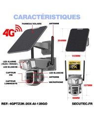 Double caméra pilotable solaire 4G UHD 2K waterproof Zoom X20 autotracking IR détection de mouvement microSD 128 Go