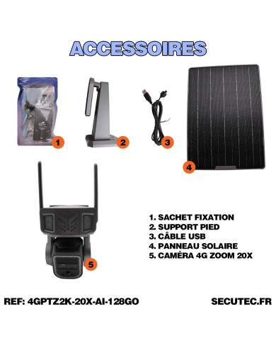 Double caméra pilotable solaire 4G UHD 2K waterproof Zoom X20 autotracking IR détection de mouvement microSD 128 Go