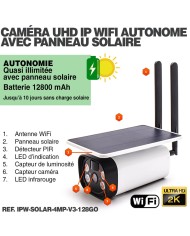 Caméra solaire Wifi UHD 2K waterproof Infrarouge accès à distance via iPhone Android 128 Go inclus