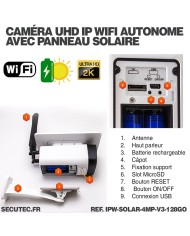Caméra solaire Wifi UHD 2K waterproof Infrarouge accès à distance via iPhone Android 128 Go inclus