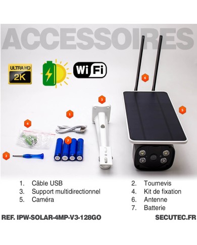 Caméra solaire Wifi UHD 2K waterproof Infrarouge accès à distance via iPhone Android 128 Go inclus