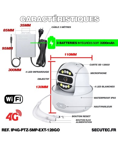 Camera exterieur 4G WiFi pilotable UHD 4K detection de mouvement et de presence humaine 128Go