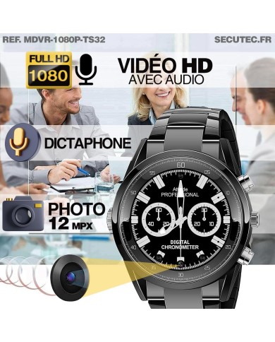 Montre espion caméra Full HD 1080p vidéo audio photo dictaphone batterie rechargeable bracelet métal mémoire 32 Go