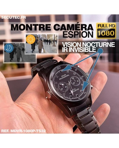 Montre espion caméra Full HD 1080p vidéo audio photo dictaphone batterie rechargeable bracelet métal mémoire 32 Go
