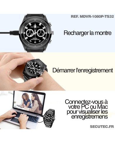Montre espion caméra Full HD 1080p vidéo audio photo dictaphone batterie rechargeable bracelet métal mémoire 32 Go