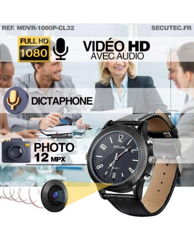 Montre espion caméra Full HD 1080p vidéo audio photo dictaphone batterie rechargeable bracelet cuir mémoire 32 Go
