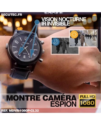 Montre espion caméra Full HD 1080p vidéo audio photo dictaphone batterie rechargeable bracelet cuir mémoire 32 Go