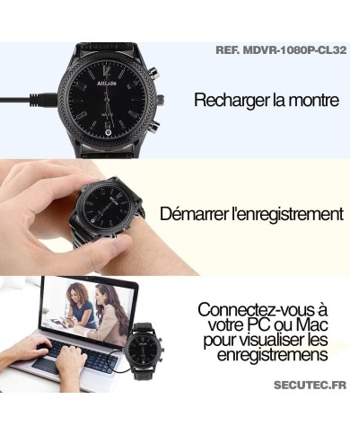 Montre espion caméra Full HD 1080p vidéo audio photo dictaphone batterie rechargeable bracelet cuir mémoire 32 Go