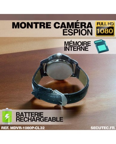 Montre espion caméra Full HD 1080p vidéo audio photo dictaphone batterie rechargeable bracelet cuir mémoire 32 Go