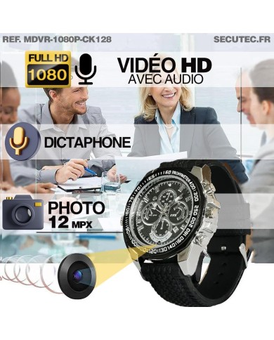 Montre espion caméra Full HD 1080p vidéo audio photo dictaphone batterie rechargeable bracelet caoutchouc mémoire 128 Go