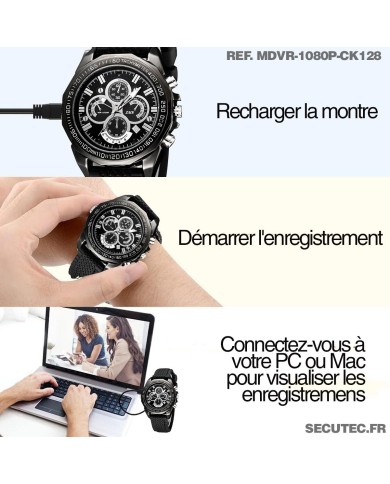 Montre espion caméra Full HD 1080p vidéo audio photo dictaphone batterie rechargeable bracelet caoutchouc mémoire 128 Go