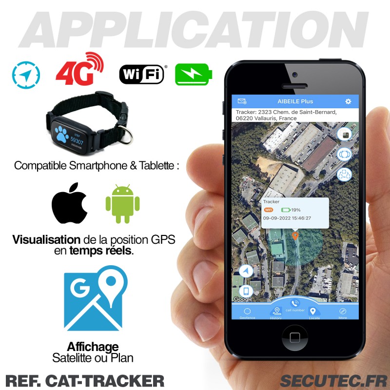 Collier traceur GPS 4G temps réel sans abonnement pour chat et petit chien