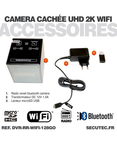 Horloge Caméra Espion WiFi Ultra HD 2K | Radio-Réveil Espion Bluetooth avec Vision Nocturne et 128 Go