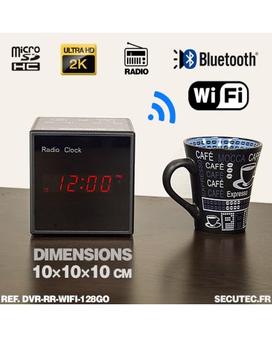 Horloge Caméra Espion WiFi Ultra HD 2K | Radio-Réveil Espion Bluetooth avec Vision Nocturne et 128 Go