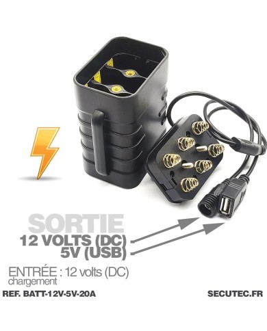 Boîtier batterie portable étanche XP67 avec 6 piles 18650 (19,2 A) – Alimentation spécialisée pour caméras 12V et 5V