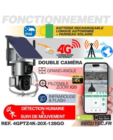 Double caméra pilotable solaire 4G Ultra HD 4K waterproof Zoom X10 autotracking IR détection de mouvement avec alarme et sirène