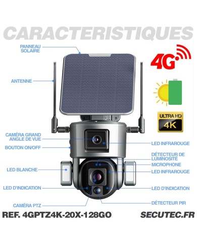 Double caméra pilotable solaire 4G Ultra HD 4K waterproof Zoom X10 autotracking IR détection de mouvement avec alarme et sirène