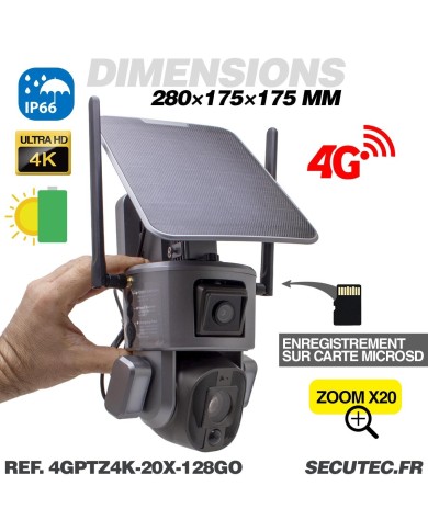 Double caméra pilotable solaire 4G Ultra HD 4K waterproof Zoom X10 autotracking IR détection de mouvement avec alarme et sirène