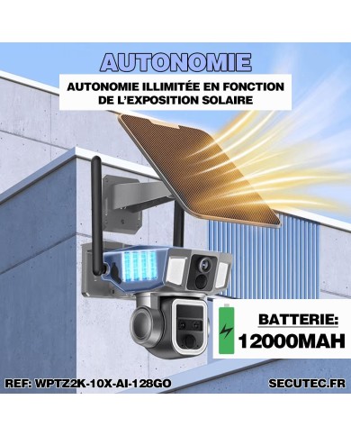 Triple caméra pilotable solaire Wifi Ultra HD 2K waterproof Zoom X10 autotracking IR détection de mouvement avec alarme et sirèn