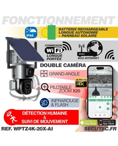 Double caméra pilotable solaire Wifi Ultra HD 4K waterproof Zoom X20 autotracking IR détection de mouvement avec alarme et sirèn