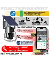 Double caméra pilotable solaire Wifi Ultra HD 4K waterproof Zoom X20 autotracking IR détection de mouvement avec alarme et sirèn