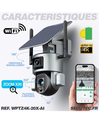 Double caméra pilotable solaire Wifi Ultra HD 4K waterproof Zoom X20 autotracking IR détection de mouvement avec alarme et sirèn