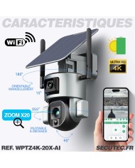 Double caméra pilotable solaire Wifi Ultra HD 4K waterproof Zoom X20 autotracking IR détection de mouvement avec alarme et sirèn