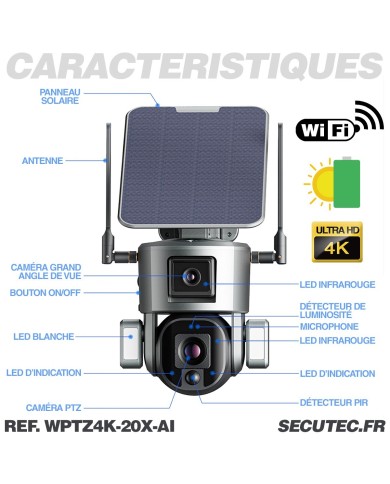 Double caméra pilotable solaire Wifi Ultra HD 4K waterproof Zoom X20 autotracking IR détection de mouvement avec alarme et sirèn