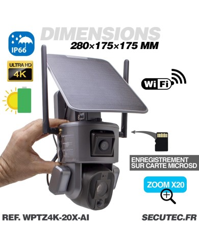 Double caméra pilotable solaire Wifi Ultra HD 4K waterproof Zoom X20 autotracking IR détection de mouvement avec alarme et sirèn