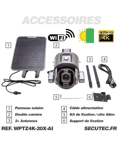 Double caméra pilotable solaire Wifi Ultra HD 4K waterproof Zoom X20 autotracking IR détection de mouvement avec alarme et sirèn