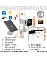 Kit vidéosurveillance 8 caméras solaires UHD 2K Wifi un écran LCD 10,1 récepteur enregistreur microSD 128 Go routeur 3G 4G WiFi