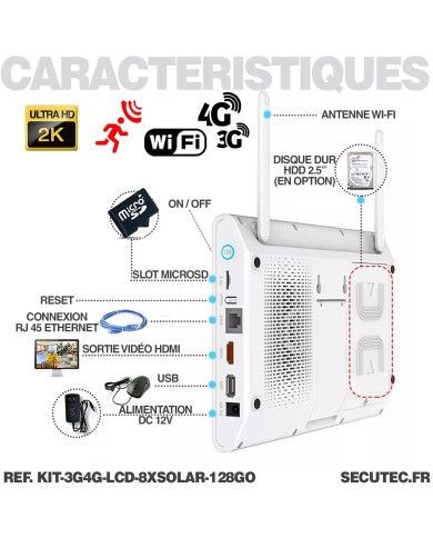 Kit vidéosurveillance 8 caméras solaires UHD 2K Wifi un écran LCD 10,1 récepteur enregistreur microSD 128 Go routeur 3G 4G WiFi