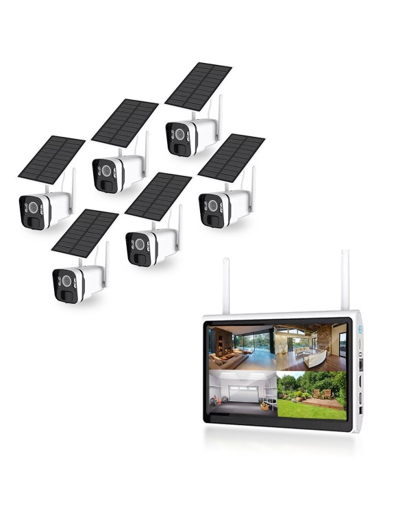 Kit vidéosurveillance 6 caméras solaires UHD 2K Wifi un écran LCD 10.1 récepteur enregistreur microSD 128 Go
