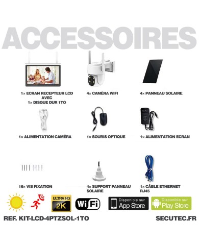 Kit vidéosurveillance WiFi 4 caméra solaire pilotable PIR Ultra HD avec écran LCD 10.1 récepteur enregistreur 1To