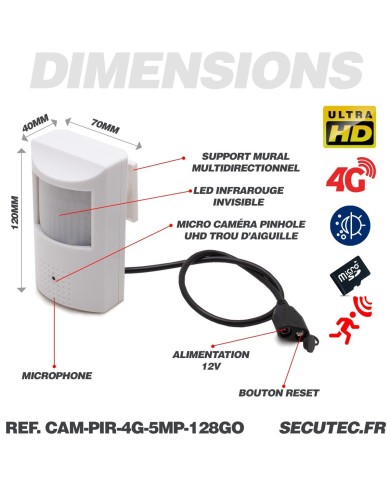 Détecteur de présence avec micro caméra IP 4G accès à distance via iPhone Android enregistrement Ultra HD 5MP sur micro SD jusqu