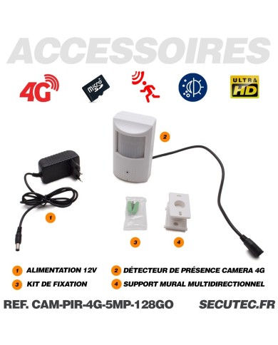 Détecteur de présence avec micro caméra IP 4G accès à distance via iPhone Android enregistrement Ultra HD 5MP sur micro SD jusqu