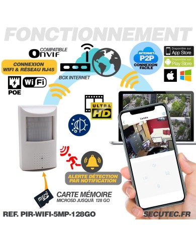 Détecteur de présence avec micro caméra IP POE WIFI accès à distance via iPhone Android enregistrement Ultra HD 5MP sur micro SD