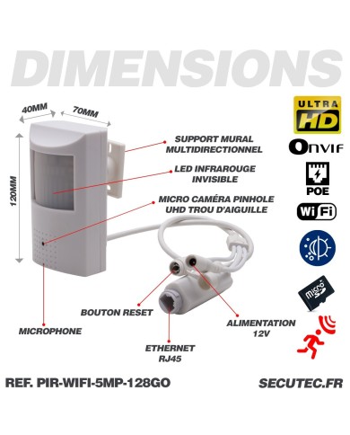 Détecteur de présence avec micro caméra IP POE WIFI accès à distance via iPhone Android enregistrement Ultra HD 5MP sur micro SD