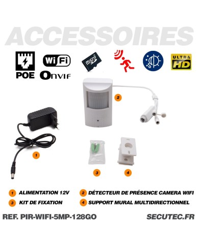 Détecteur de présence avec micro caméra IP POE WIFI accès à distance via iPhone Android enregistrement Ultra HD 5MP sur micro SD