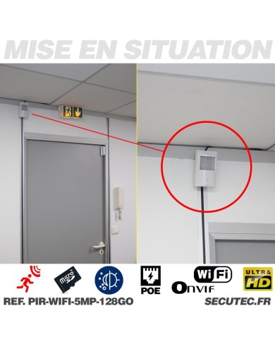 Détecteur de présence avec micro caméra IP POE WIFI accès à distance via iPhone Android enregistrement Ultra HD 5MP sur micro SD