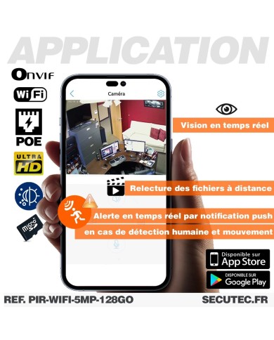 Détecteur de présence avec micro caméra IP POE WIFI accès à distance via iPhone Android enregistrement Ultra HD 5MP sur micro SD
