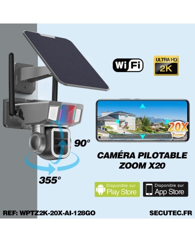 Double caméra pilotable solaire Wifi UHD 2K waterproof Zoom X20 autotracking IR détection de mouvement microSD 128 Go
