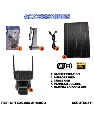 Double caméra pilotable solaire Wifi UHD 2K waterproof Zoom X20 autotracking IR détection de mouvement microSD 128 Go