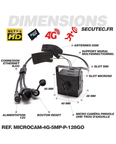 Micro caméra pinhole IP 4G à intégrer accès à distance via iPhone Android enregistrement Ultra HD 5MP sur micro SD 128Go avec al