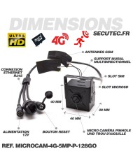Micro caméra pinhole IP 4G à intégrer accès à distance via iPhone Android enregistrement Ultra HD 5MP sur micro SD 128Go avec al
