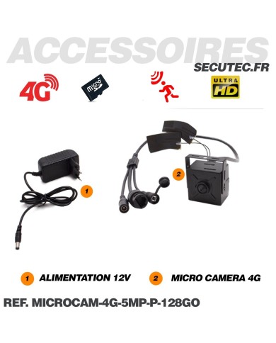 Micro caméra pinhole IP 4G à intégrer accès à distance via iPhone Android enregistrement Ultra HD 5MP sur micro SD 128Go avec al